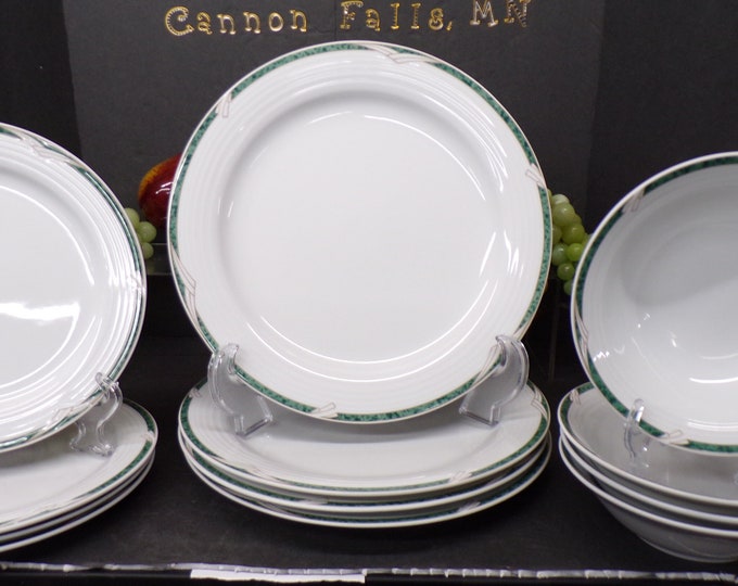 2305 Noritake Arctic Green #4090 China Vintage Set of 12 - (4) 10.5" Dinner Plates, (4) 8.25" Salad/ Lunch Plates, (4) 6.5" Bowls- Good Cond