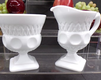 2304 McKee Milk Glass 4.5" Footed Square Base Thumbprint Vintage Sugar Dish & Cream Pitcher - Great Condition