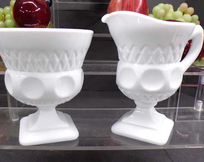 2304 McKee Milk Glass 4.5" Footed Square Base Thumbprint Vintage Sugar Dish & Cream Pitcher - Good Condition No Chips or Cracks