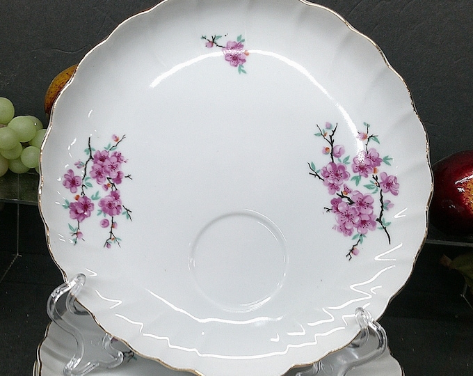 2401 Lefton Clam Shell Vintage 8.25" Snack Tray w/ Hand Painted Pink Flowers & Gold Trim Set of 7 - Good Cond. No Chips- wear on Gold Rims