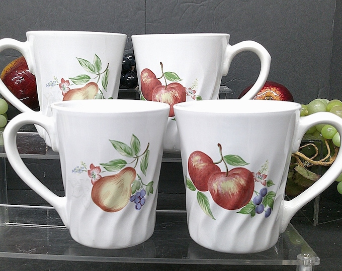 2508 Corelle Coordinates Swirl Chutney Cherries & Pear 4.25" Tall Coffee Cups/Mugs Set of 4 - Great Condition