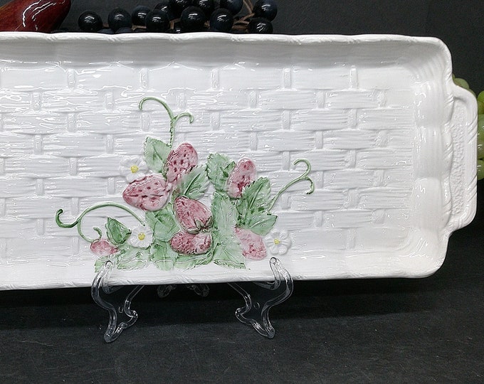 2401 White Basket Weave Pattern Platter with Strawberries & Flowers 16" x 6.5" Vintage Ceramic Pottery - Great Condition