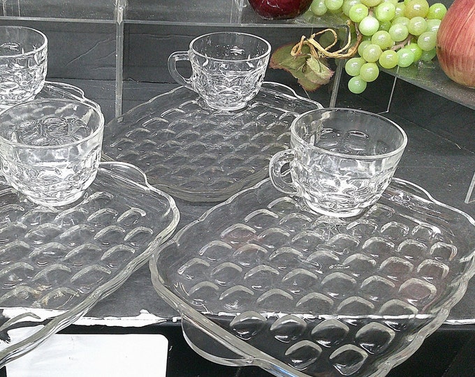 2604 Federal Glass Yorktown 8 pc Clear Glass Thumbprint Vintage Snack Sets