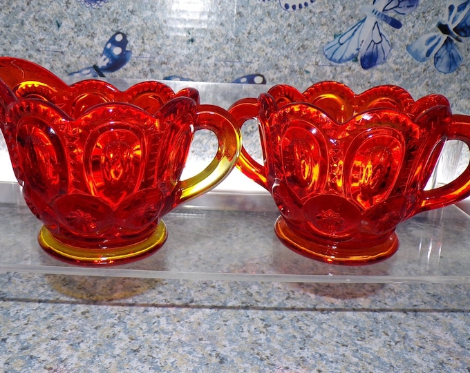 2209 LE Smith Moon and Star Persimmon Orange 3" Vintage Cream & Sugar Set - Good Condition No Chips or Cracks