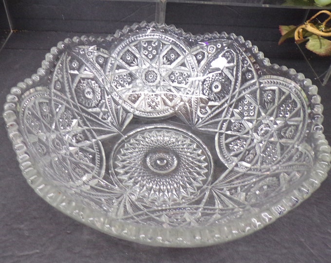 2305 Imperial Glass 10" Ohio Wheels Vintage Clear Pressed Glass Bowl w/ Scalloped Sawtooth Rim - Great Condition No Chips or Cracks