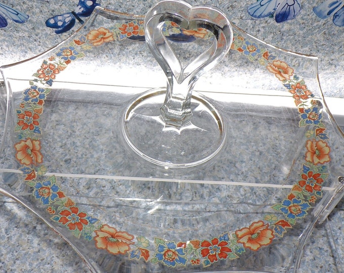 2208 Center Handle Serving Tray Platter with Orange and Blue Flowers Vintage 12" Clear Glass - Some Wear No Chips or Cracks