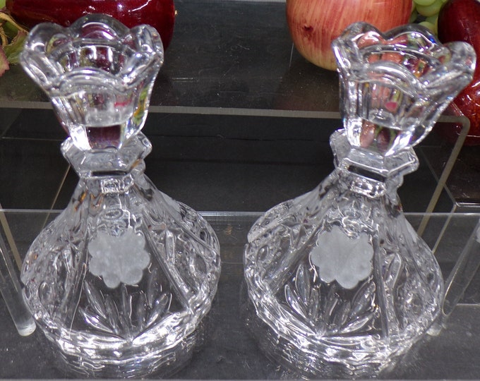 2302 Vintage 5" Crystal Taper Candle Holders Set of 2 with Frosted Flowers - Good Condition No Chips or Cracks
