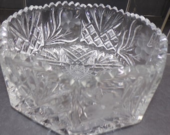 2302 Irena Poland Octagonal 8.75" Centerpiece Bowl with Etched Frosted Flowers 24% Lead Crystal Vintage