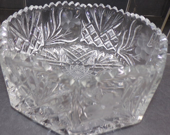 2302 Irena Poland Octagonal 8.75" Centerpiece Bowl with Etched Frosted Flowers 24% Lead Crystal Vintage - Good Condition No Chips or Cracks
