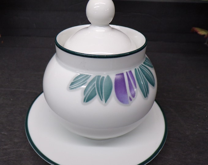 2309 Dansk Eden Set Made in Portugal 4" Covered Sugar Bowl w/ 1 Saucer- Purple & Teal Floral- Great Condition