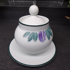2309 Dansk Eden Set Made in Portugal 4&quot; Covered Sugar Bowl w/ 1 Saucer- Purple & Teal Floral- Great Condition