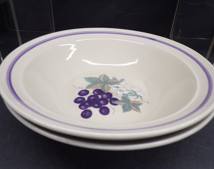 2302 Grapes & Leaves 9" Stoneware Serving Bowls Set of 2 Almond with Purple Band - Excellent Shape