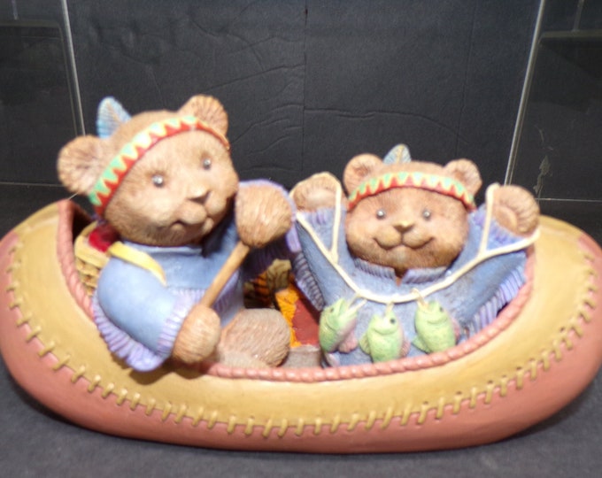 2302 Bears in Canoe with a Turkey 7" Figurine Very Cute - Great Condition
