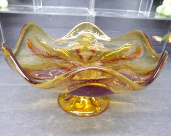 2305 Viking Glass 7" Footed 6 Petal Amber Vintage Pedestal Compote Candy Dish - Great Condition No Chips or Cracks
