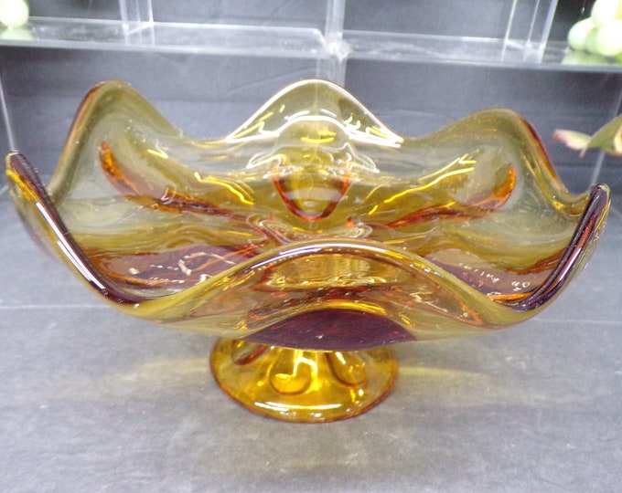 2305 Viking Glass 7" Footed 6 Petal Amber Vintage Pedestal Compote Candy Dish - Great Condition No Chips or Cracks