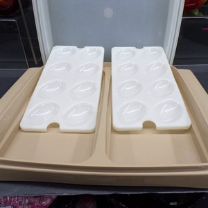 Peut inclure: Un récipient en plastique beige avec un couvercle, comprenant deux plateaux à œufs blancs. Chaque plateau comporte six alvéoles ovales. Le récipient est conçu pour conserver les œufs.