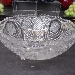 2309 American Brilliant 8.5&quot; Cut Crystal Bowl with Etched Flowers and Diamond Point - Sawtooth Rim - Excellent Condition