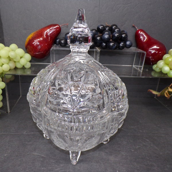 Candy Dish & Finial lid Vintage Footed 4 Lobe 24% Lead Crystal Etched Floral 6" Wide x 9" Tall with Steeple Lid - Chip inside Lid