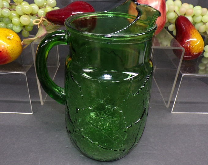 2302 Anchor Hocking Sherwood Spearmint Green Glass 10" Vintage Pitcher - Embossed Leaves - Good Condition No Chips or Cracks
