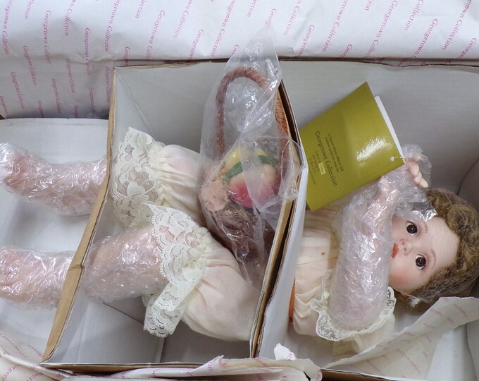 2303 Peaches 'n Cream Collectible Porcelain Doll with Bench & Basket by Ann Timmerman Vintage 1992- Good Condition - Cert. Auth.