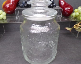 2311 Embossed Fruit Pattern Clear Glass Canister Jar with Lid Vintage 8.25" Tall with Tight Seal Lid - No Chips or Cracks