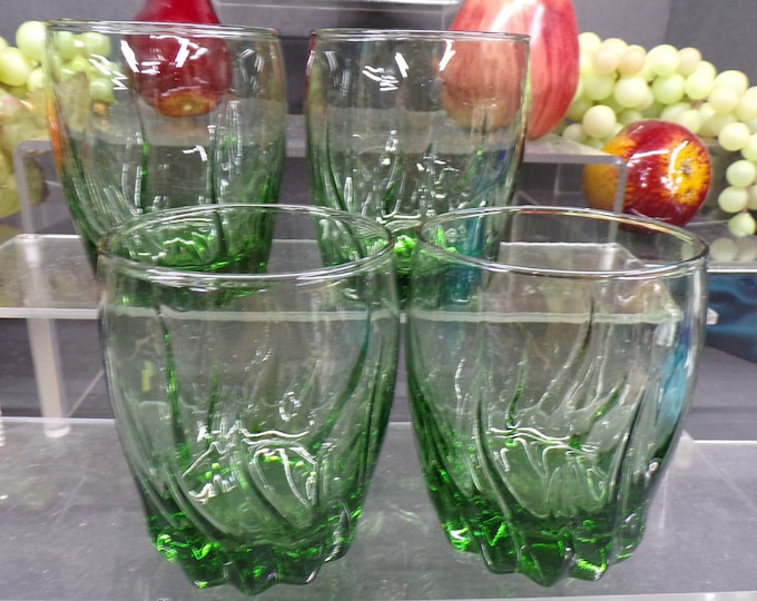 2303 Anchor Glass Green Ivy Starfire Swirl Flame Pattern Vintage 4" Lowball Whiskey Tumblers Set of 4 - Great Condition No Chips or Cracks