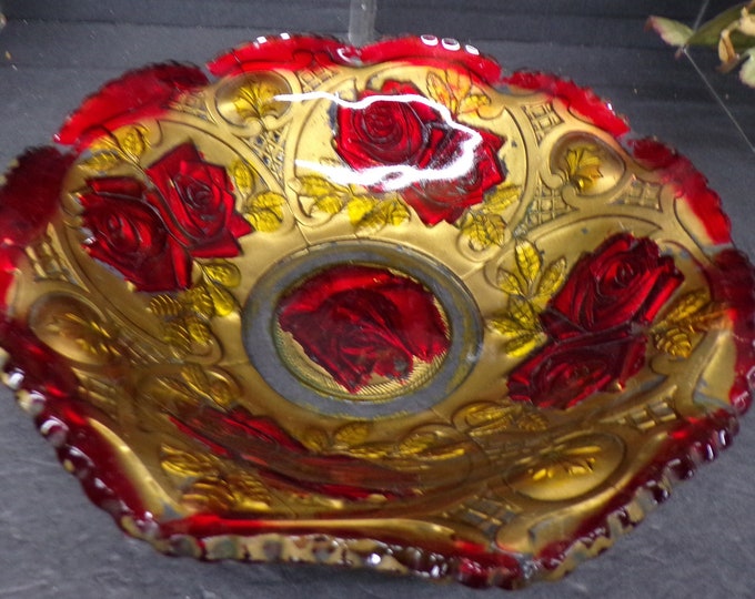 2310 Indiana Glass Roses in Snow Goofus Glass 9" Reverse Painted Glass Bowl, Red Roses with Gold EAPG 1915 - No Chips some Gold worn off