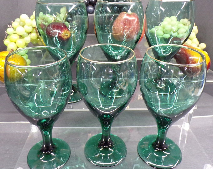 2304 Libbey Glass 7" Juniper Green Teardrop Set of 6 Stemmed Footed Glasses with Gold Rim - Good Condition No Chips or Cracks