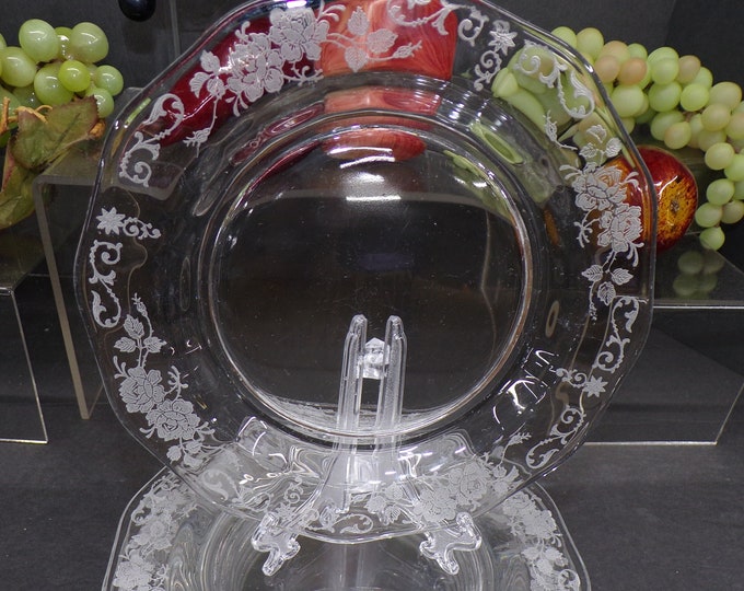 2303 Etched Floral Clear Glassware 7.25" Vintage Salad / Desert Plates Set of 8 - Good Condition- Light Scratches
