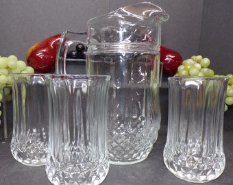 2309 Gibson Jewelite Vintage 48 oz Pitcher & 4 Matching 10 oz Tumbler Glasses - Clear Thick Heavy - Excellent Condition Never Used