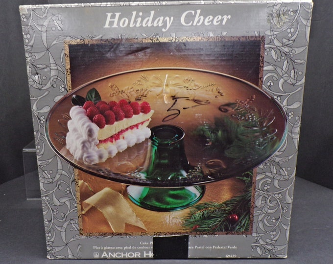 2301 Anchor Hocking Glass Holiday Cheer Green Footed Clear Embossed 13" Vintage Cake Platter - with Orig. Box No Chips or Cracks