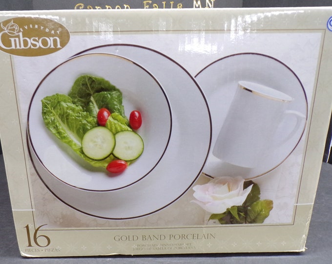 2304 Gibson Everyday China Gold Band Porcelain 16 pc Dinnerware Set - 4 Each of 10.5" & 7.5" Plates, 8" Bowls, 11 oz Cups- New in Box