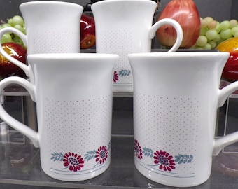 2302 Kilncraft Porcelain Coffee Mugs / Tea Cups Burgandy & Gray Floral 4" Set of 4