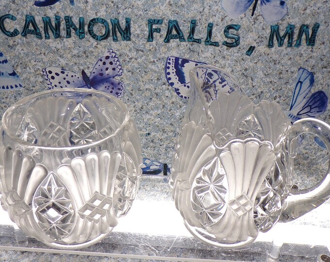 2206 Heavy Crystal Ribbed Clear and Frosted Satin Vintage 4.5" Cream and Sugar Set - Good Condition No Chips or Cracks