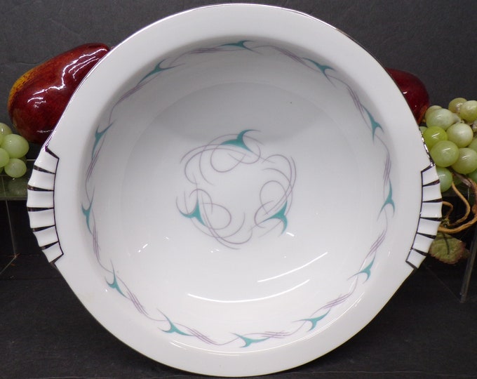2307 Kent China Flair 9.5" Vintage Round Serving Bowl - Teal & Gray - Platinum Rim - Good Condition No Chips or Cracks
