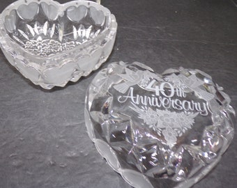 2308 Glass Heart Covered Trinket Dish " 40th Anniversary "