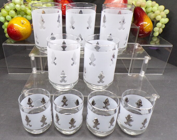 2302 Libbey Glass Silver Accent Frosted Tumblers Vintage Set of 9 - (5) 4.5" Tall & (4) 3.25" - No Chips or Cracks