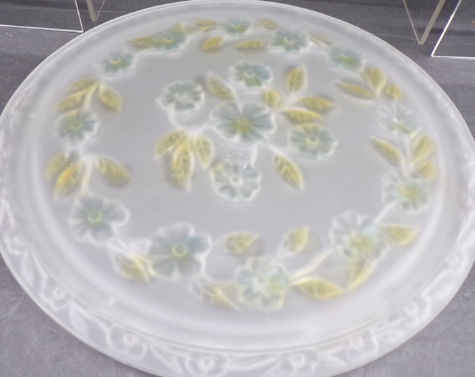 2304 Frosted Glass Cake Stand Footed Platter 12.75" Vintage w/Green & Yellow Flowers- Good Condition