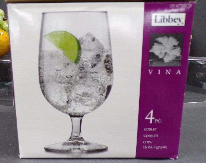 2303 Libbey Glass Vina 16 oz. Stemmed 6.25" Wine / Water Glasses Set of 4 New in Original Package