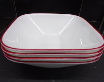 2605 Corelle Vitrelle Splendor Red Rim White Square 6.5" Bowl Set of 4