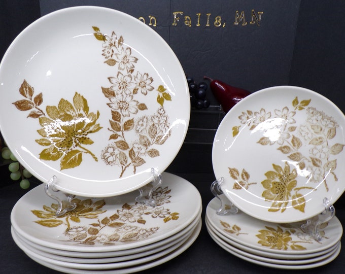 2305 Jamestown Ironstone Plates Vintage Set of 11 - (6) 10.25" Dinner Plates & (5) 7.25" Salad Plates Gold/ Bronze on Cream- Great Condition