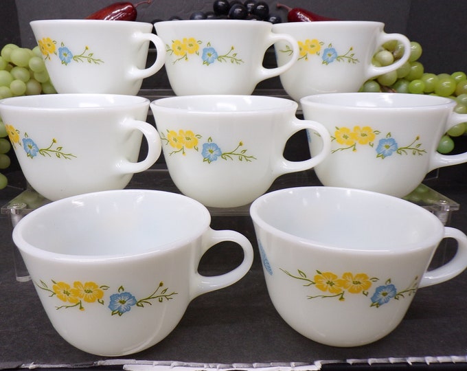 2308 Pyrex Flirtation Wildflowers & Butterflies Milk glass 8 oz Coffee Cups Set of 8 Vintage 1980's- Great Condition No Chips or Cracks