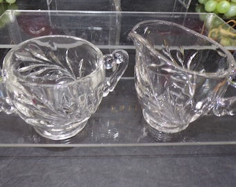 2306 Floral Pattern Clear Pressed Vintage Glass 3.5" Cream Pitcher & Open Sugar Dish - Good Condition No Chips or Cracks