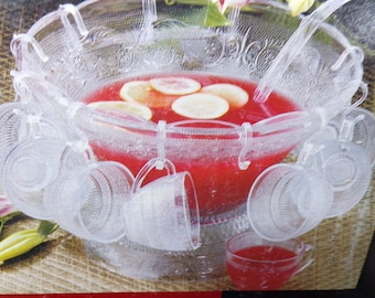 2412 Beautiful KIG Glass Malaysia 27 pc Bali Punch Bowl Set #812263 - Bowl, Base, Ladle, 12 Cups & 12 Hooks - New in Box