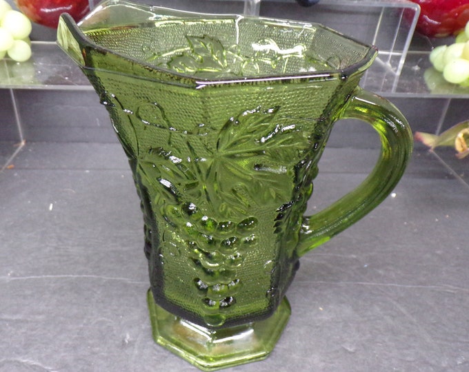 2309 Anchor Hocking Olive Green 6.5" Pitcher Raised Grapevine Grape & Cable Textured Glass Vintage - Great Condition No Chips or Cracks