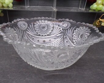2309 Hobstar Pattern Clear Pressed Glass 8.25" Vintage Bowl w/ Sawtooth Rim