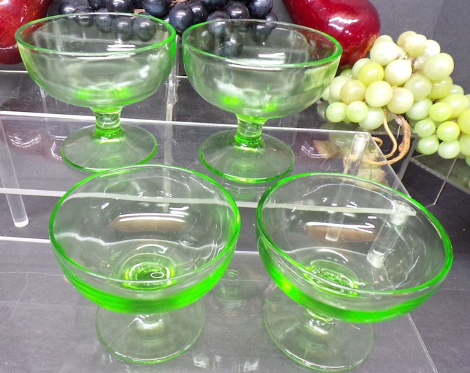 2305 Footed Sherbet Desert Cups 3.5" Green Uranium Depression Glass Set of 4- Vintage - Good Condition No Chips or Cracks