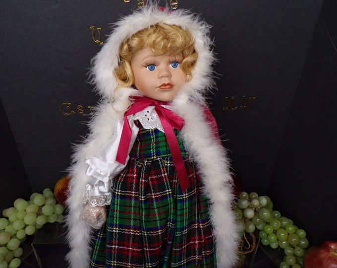 2305 Collectible Porcelain Doll 21" Vintage No Basket - Christmas Plaid Dress - Good Condition - No Certificate No Tags - Orig. Box
