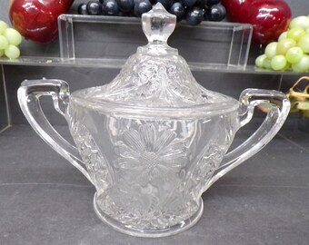 2306 Daisy & Starburst Pattern Double Handle Candy Bowl / Sugar Dish with Lid - Vintage 4.5" x 8" - Good Condition No Chips or Cracks