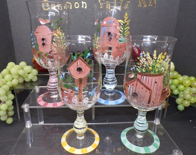 2309 Madeira 8" Wine / Water Glasses Set of 4 hand painted Bird Houses Floral- Red, Green, Yellow, Blue - Great Condition No Chips